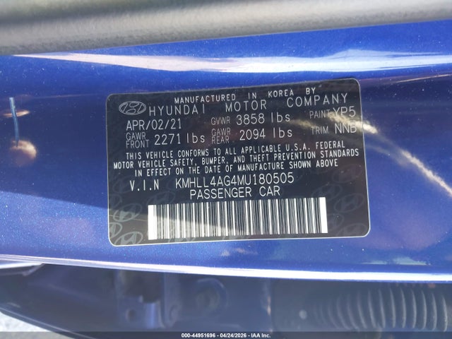 Продажа на аукционе авто 2021 Hyundai Elantra Se, vin: KMHLL4AG4MU180505, номер лота: 44951696