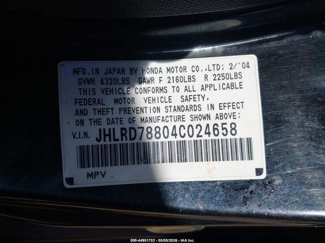 Продаж на аукціоні авто 2004 Honda Cr-v Ex, vin: JHLRD78804C024658, номер лоту: 44951702