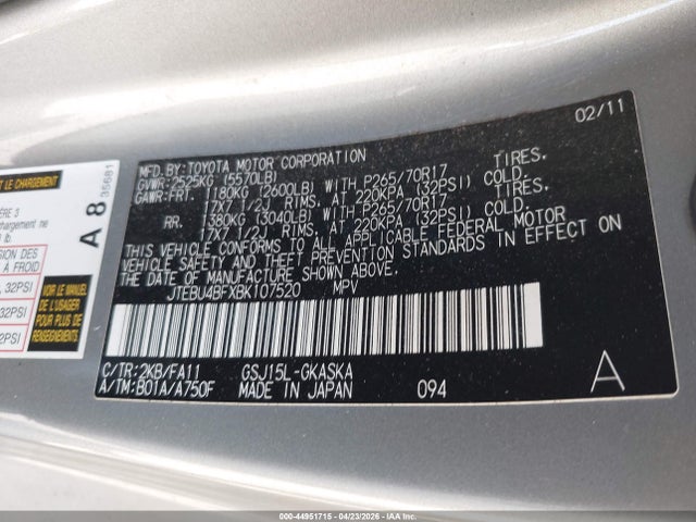 Продажа на аукционе авто 2011 Toyota Fj Cruiser, vin: JTEBU4BFXBK107520, номер лота: 44951715
