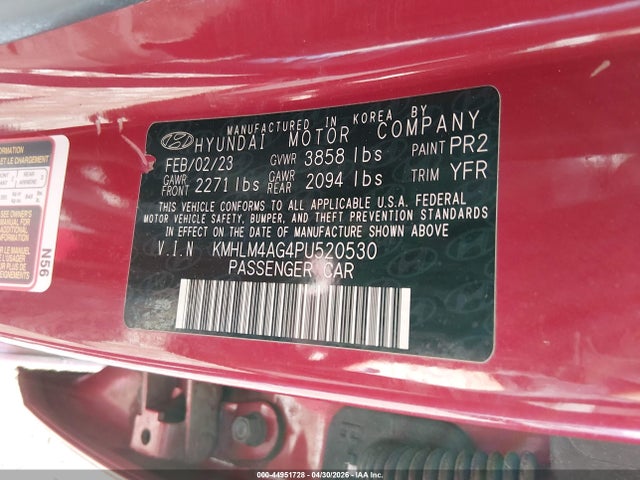 2023 Hyundai Elantra Sel მანქანა იყიდება აუქციონზე, vin: KMHLM4AG4PU520530, აუქციონის ნომერი: 44951728