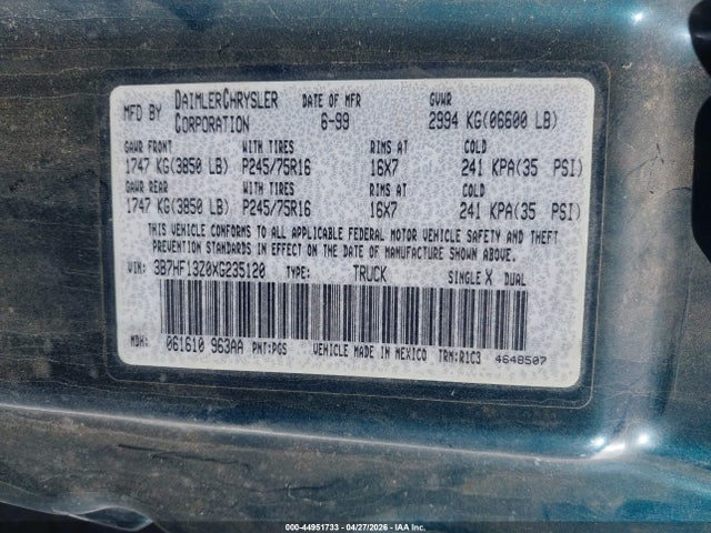 Aukcja sprzedaży 1999 Dodge Ram 1500 St, vin: 3B7HF13Z0XG235120, numer aukcji: 44951733