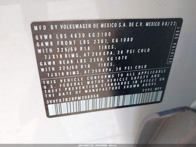 44951736 :رقم المزاد ، 3VVFX7B28PM308958 vin ، 2023 Volkswagen Taos 1.5t S مزاد بيع