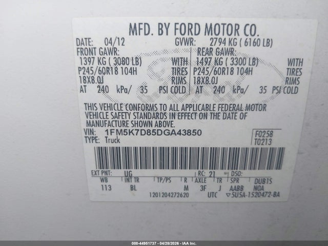 Продажа на аукционе авто 2013 Ford Explorer Xlt, vin: 1FM5K7D85DGA43850, номер лота: 44951737
