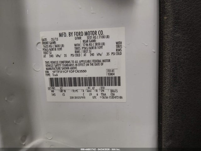 2013 Ford F-150 Stx მანქანა იყიდება აუქციონზე, vin: 1FTFX1CF1DFC63550, აუქციონის ნომერი: 44951742