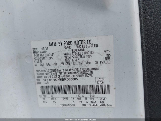Aukcja sprzedaży 2011 Ford F-150 Xl, vin: 1FTMF1CM5BKD35685, numer aukcji: 44951743