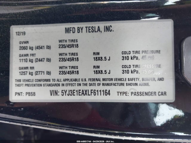 44951744 :رقم المزاد ، 5YJ3E1EAXLF611164 vin ، 2020 Tesla Model 3 Standard Range Plus Rear-wheel Drive/standard Range Rear-wheel Drive مزاد بيع