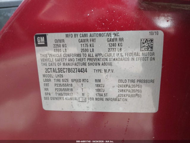 44951748 :رقم المزاد ، 2CTALSEC7B6274434 vin ، 2011 Gmc Terrain Sle-2 مزاد بيع