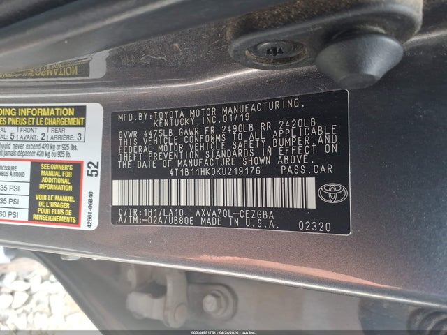 Продажа на аукционе авто 2019 Toyota Camry Xle, vin: 4T1B11HK0KU219176, номер лота: 44951751