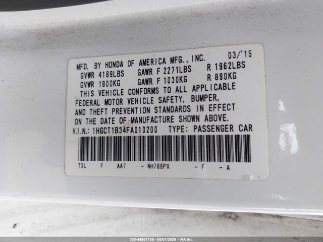 44951756 :رقم المزاد ، 1HGCT1B34FA010200 vin ، 2015 Honda Accord Lx-s مزاد بيع