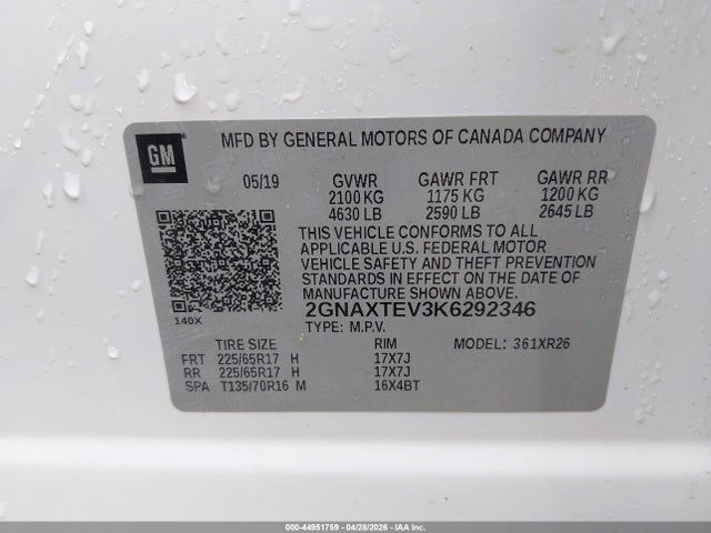 Aukcja sprzedaży 2019 Chevrolet Equinox Lt, vin: 2GNAXTEV3K6292346, numer aukcji: 44951759