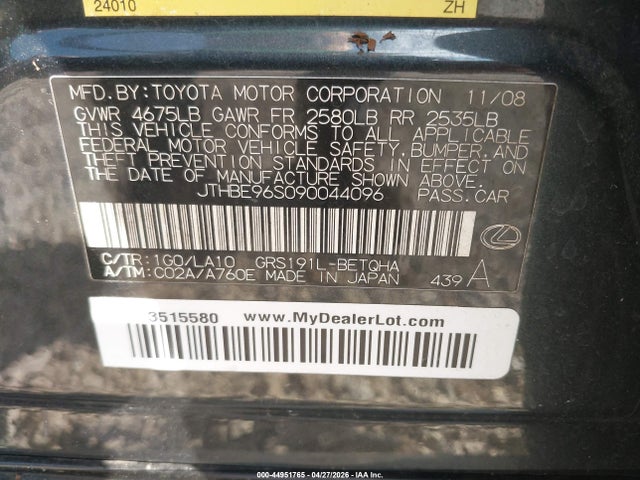 44951765 :رقم المزاد ، JTHBE96S090044096 vin ، 2009 Lexus Gs 350 مزاد بيع
