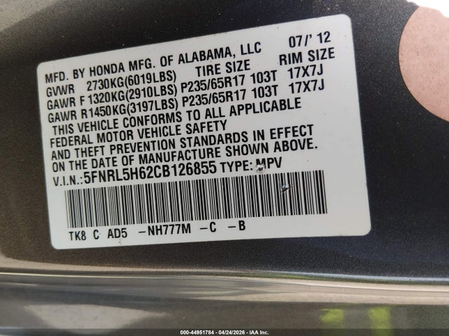 44951784 :رقم المزاد ، 5FNRL5H62CB126855 vin ، 2012 Honda Odyssey Ex-l مزاد بيع