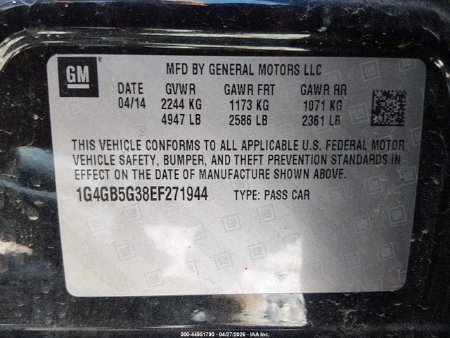 44951790 :رقم المزاد ، 1G4GB5G38EF271944 vin ، 2014 Buick Lacrosse Leather Group مزاد بيع
