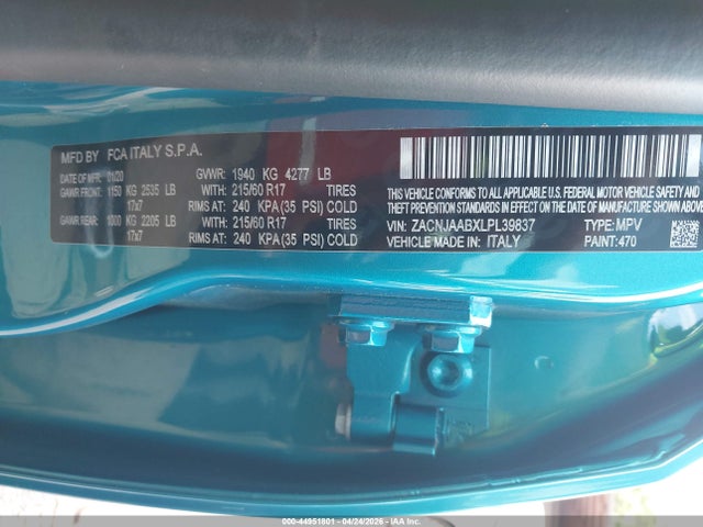 Продаж на аукціоні авто 2020 Jeep Renegade Sport Fwd, vin: ZACNJAABXLPL39837, номер лоту: 44951801
