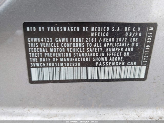 44951812 :رقم المزاد ، 3VWC57BU1LM102820 vin ، 2020 Volkswagen Jetta 1.4t R-line/1.4t S/1.4t Se مزاد بيع
