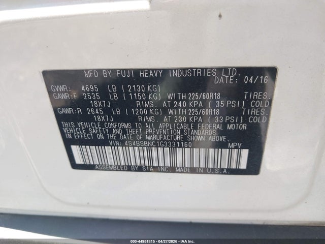 4S4BSBNC1G3331160 Subaru Outback 2.5i Limited