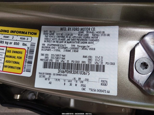 44951818 :رقم المزاد ، 3FA6P0HR3DR103675 vin ، 2013 Ford Fusion Se مزاد بيع