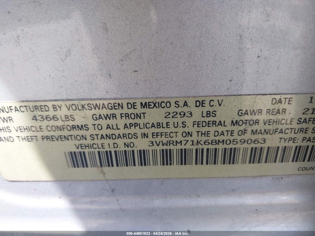 Aukcja sprzedaży 2008 Volkswagen Jetta Se/sel, vin: 3VWRM71K68M059063, numer aukcji: 44951832