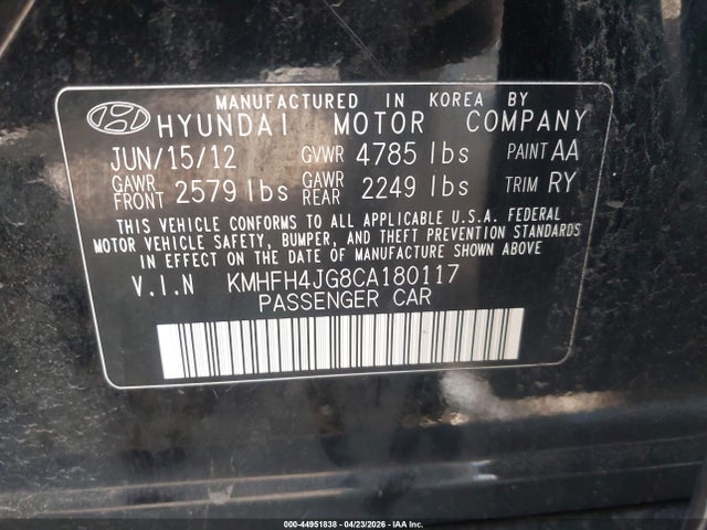2012 Hyundai Azera მანქანა იყიდება აუქციონზე, vin: KMHFH4JG8CA180117, აუქციონის ნომერი: 44951838