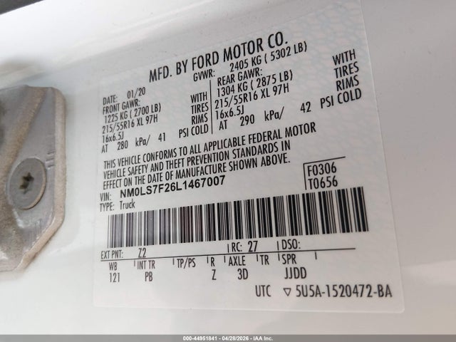 Aukcja sprzedaży 2020 Ford Transit Connect Xlt, vin: NM0LS7F26L1467007, numer aukcji: 44951841