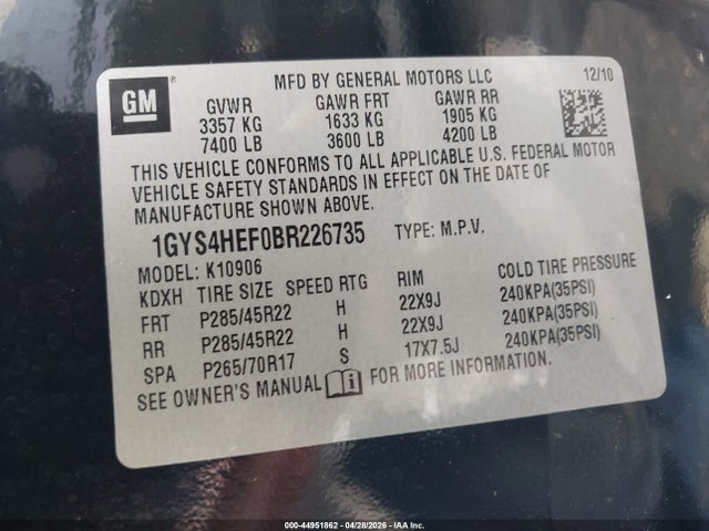 44951862 :رقم المزاد ، 1GYS4HEF0BR226735 vin ، 2011 Cadillac Escalade Esv Luxury مزاد بيع