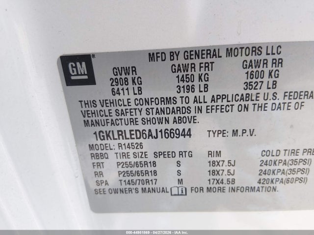 Aukcja sprzedaży 2010 Gmc Acadia Sle, vin: 1GKLRLED6AJ166944, numer aukcji: 44951869