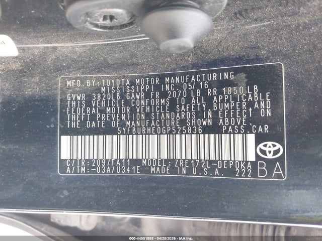 Toyota COROLLA L 2016 5YFBURHE0GP525836 Image 9