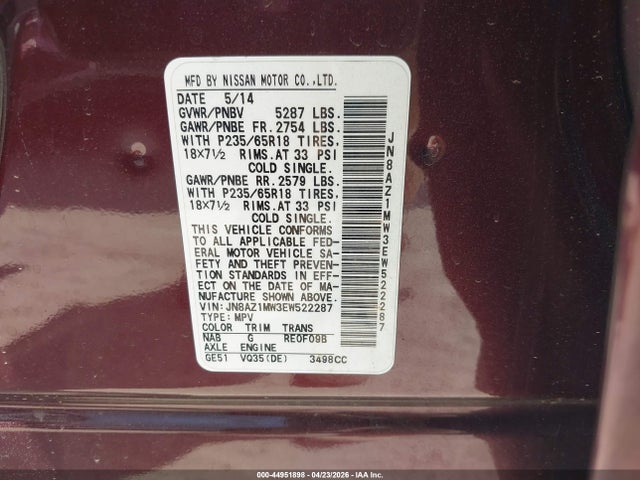 Продаж на аукціоні авто 2014 Nissan Murano Sl, vin: JN8AZ1MW3EW522287, номер лоту: 44951898