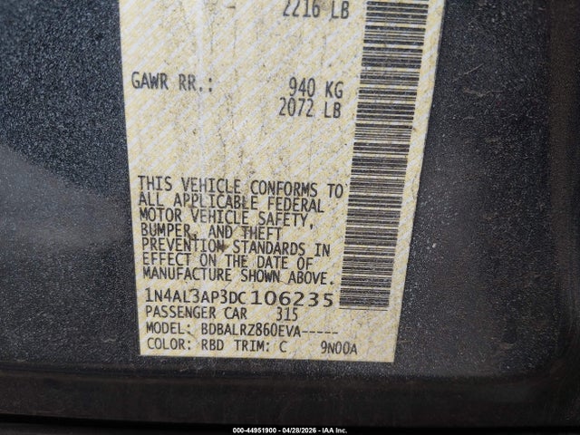 Aukcja sprzedaży 2013 Nissan Altima 2.5 S, vin: 1N4AL3AP3DC106235, numer aukcji: 44951900