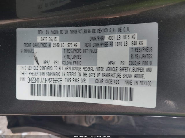 2015 Mazda Mazda3 I Sport მანქანა იყიდება აუქციონზე, vin: 3MZBM1U79FM235526, აუქციონის ნომერი: 44951912