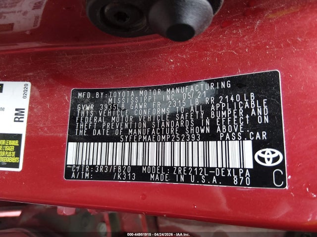 Aukcja sprzedaży 2021 Toyota Corolla Le, vin: 5YFEPMAE0MP252393, numer aukcji: 44951915