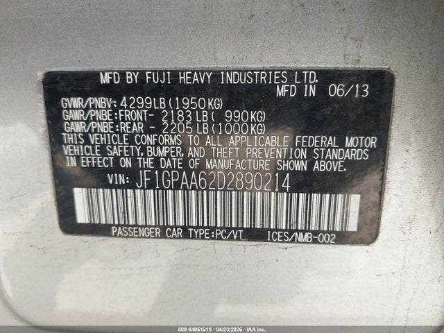Aukcja sprzedaży 2013 Subaru Impreza Wagon 2.0i, vin: JF1GPAA62D2890214, numer aukcji: 44951918