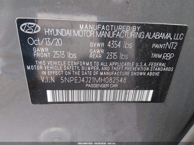 Aukcja sprzedaży 2021 Hyundai Sonata Sel Plus, vin: 5NPEJ4J21MH082548, numer aukcji: 44951926