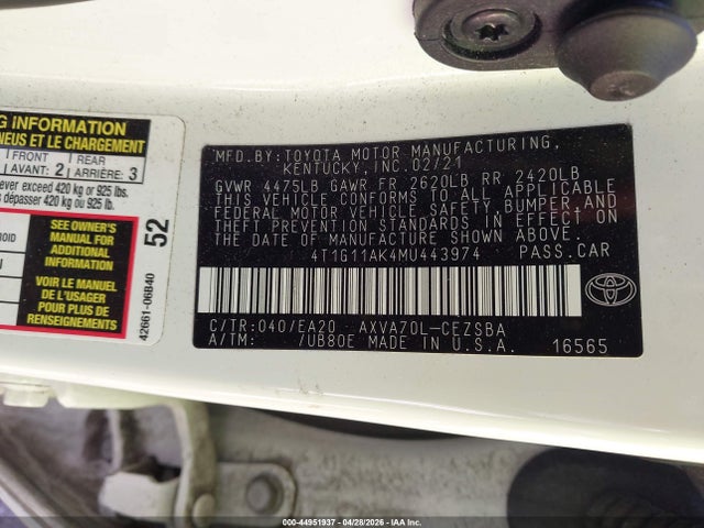 44951937 :رقم المزاد ، 4T1G11AK4MU443974 vin ، 2021 Toyota Camry Se مزاد بيع
