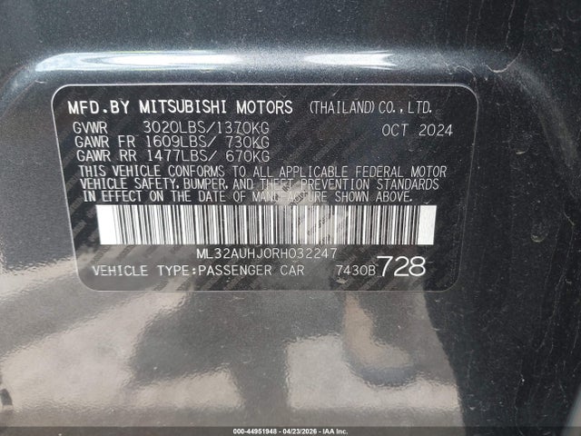 Продаж на аукціоні авто 2024 Mitsubishi Mirage Es/le, vin: ML32AUHJ0RH032247, номер лоту: 44951948