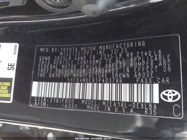 Aukcja sprzedaży 2026 Toyota Corolla Le, vin: 5YFB4MDE0TP403786, numer aukcji: 44951968