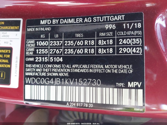 Aukcja sprzedaży 2019 Mercedes-benz Glc 300, vin: WDC0G4JB1KV152730, numer aukcji: 44951978