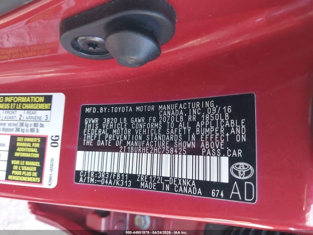 Продажа на аукционе авто 2017 Toyota Corolla Le, vin: 2T1BURHE2HC758425, номер лота: 44951979