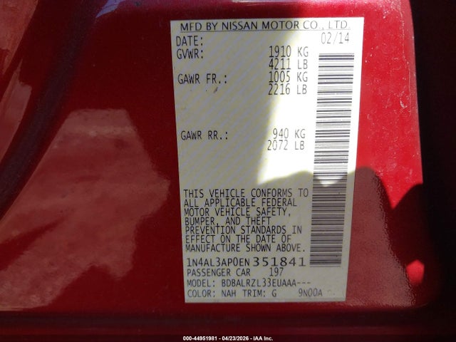 Продаж на аукціоні авто 2014 Nissan Altima 2.5/2.5 S/2.5 Sl/2.5 Sv, vin: 1N4AL3AP0EN351841, номер лоту: 44951981