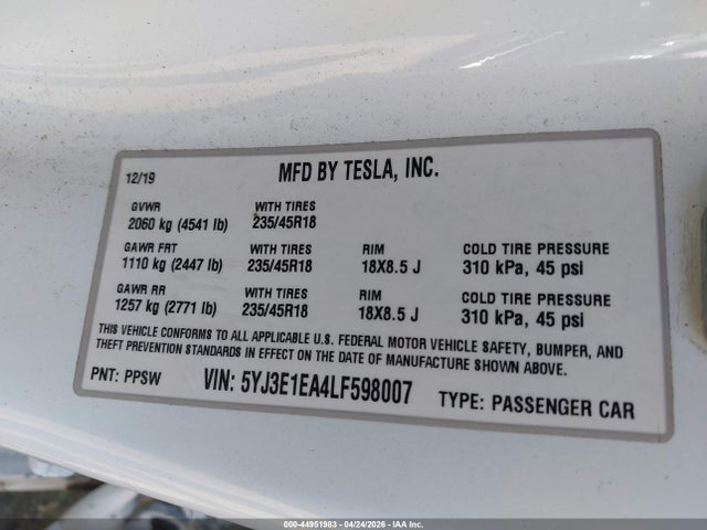 2020 Tesla Model 3 მანქანა იყიდება აუქციონზე, vin: 5YJ3E1EA4LF598007, აუქციონის ნომერი: 44951983