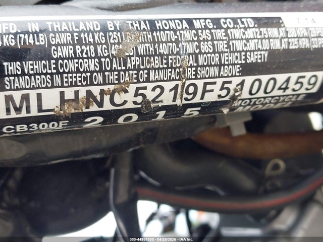Продаж на аукціоні авто 2015 Honda Cb300 F, vin: MLHNC5219F5100459, номер лоту: 44951990