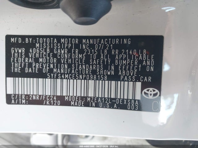 Продажа на аукционе авто 2022 Toyota Corolla Se Apex Edition, vin: 5YFS4MCE5NP098158, номер лота: 44951995