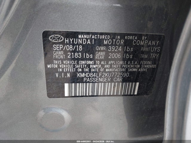 Aukcja sprzedaży 2019 Hyundai Elantra Sel, vin: KMHD84LF2KU772590, numer aukcji: 44952001