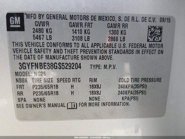 Aukcja sprzedaży 2016 Cadillac Srx Luxury Collection, vin: 3GYFNBE38GS529204, numer aukcji: 44952003