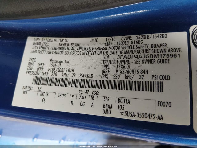 Продажа на аукционе авто 2011 Ford Fiesta S, vin: 3FADP4AJ5BM175961, номер лота: 44952012