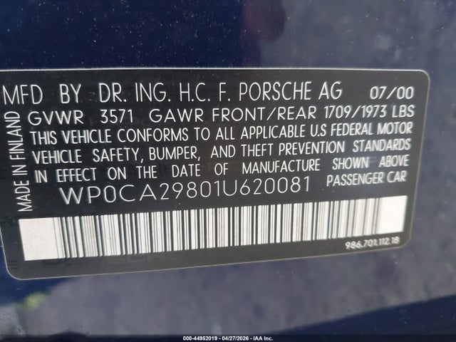 Продажа на аукционе авто 2001 Porsche Boxster, vin: WP0CA29801U620081, номер лота: 44952019