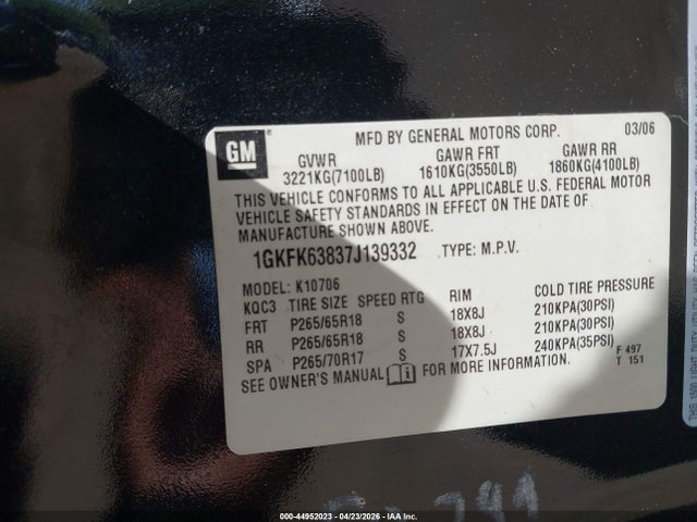Aukcja sprzedaży 2007 Gmc Yukon Denali, vin: 1GKFK63837J139332, numer aukcji: 44952023