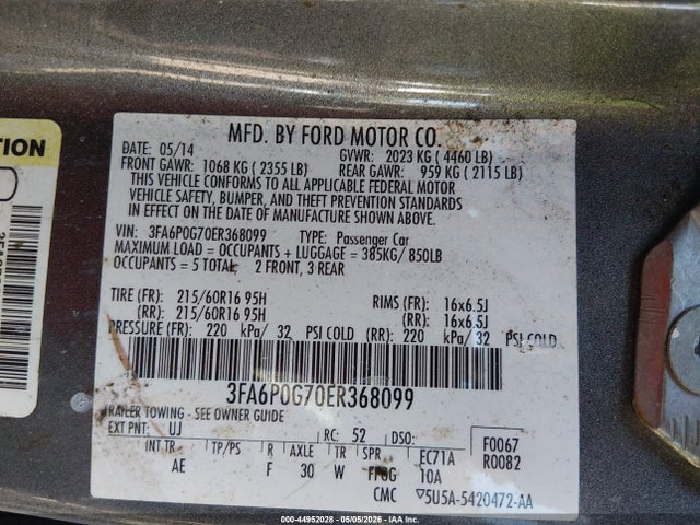 Aukcja sprzedaży 2014 Ford Fusion S, vin: 3FA6P0G70ER368099, numer aukcji: 44952028