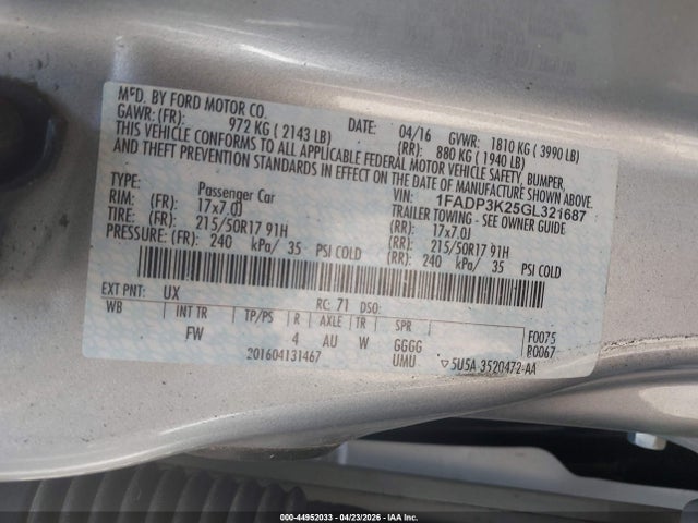 44952033 :رقم المزاد ، 1FADP3K25GL321687 vin ، 2016 Ford Focus Se مزاد بيع