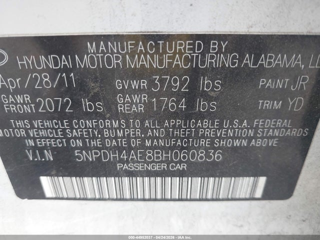 Продажа на аукционе авто 2011 Hyundai Elantra Gls, vin: 5NPDH4AE8BH060836, номер лота: 44952037